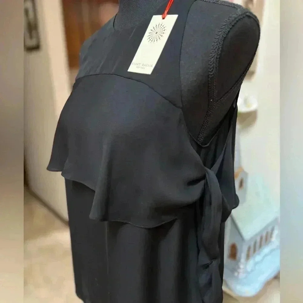 RAMY BROOK 100% SILK LUXURY BLACK COLD SHOULDER RUFFLE TOP BLOUSE SIZE SMALL NEW - Picture 15 of 15